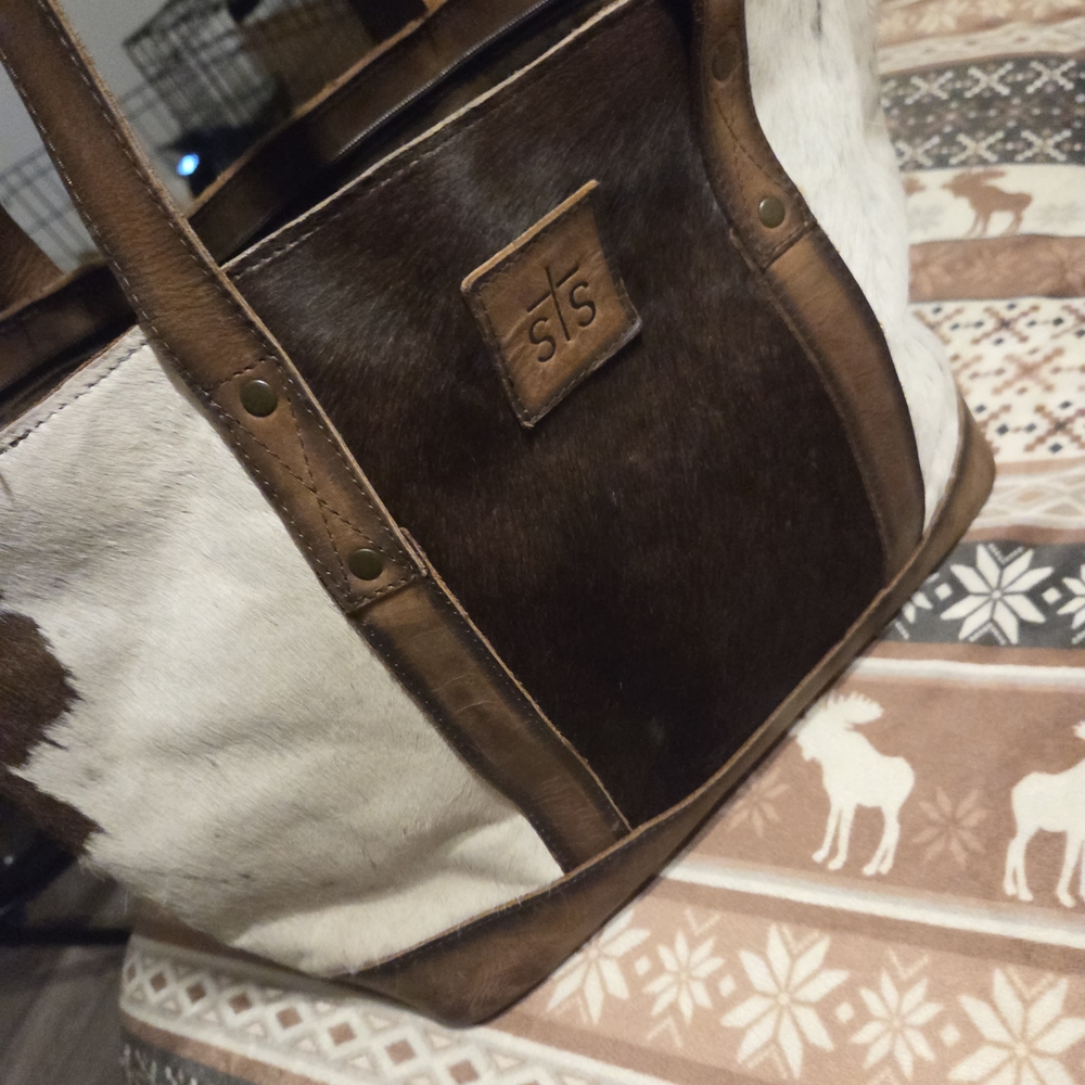 Brown and White Leather Tote Bag